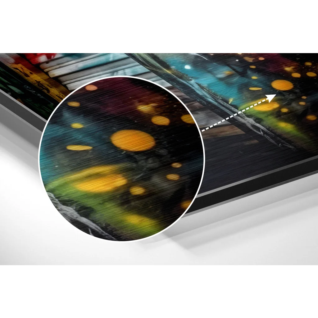 Vibrant abstract painting with glowing yellow orbs on brushed aluminium dibond