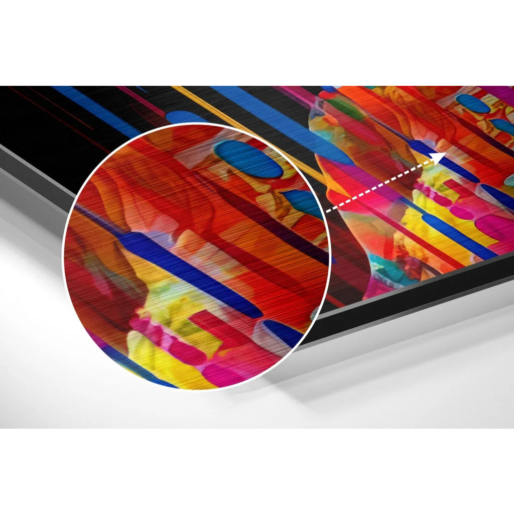 Vibrant abstract art on brushed aluminium dibond print in sleek black frame