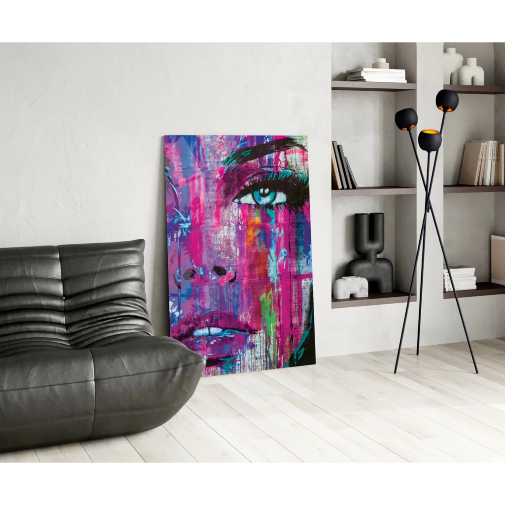 Vibrant abstract portrait glass wall art in bold pink, purple, blue hues with turquoise eye