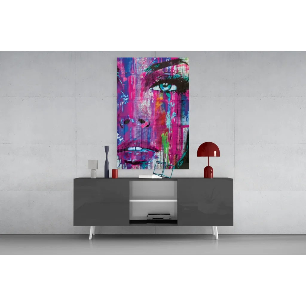Vibrant abstract portrait glass wall art in bold pink, purple, teal hues