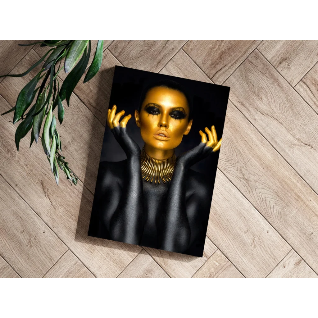 Golden Goddess Insigne Aluminum Print with Dramatic Black Accents | Modern Wall Art Decor | vintageantiquesgifts.com
