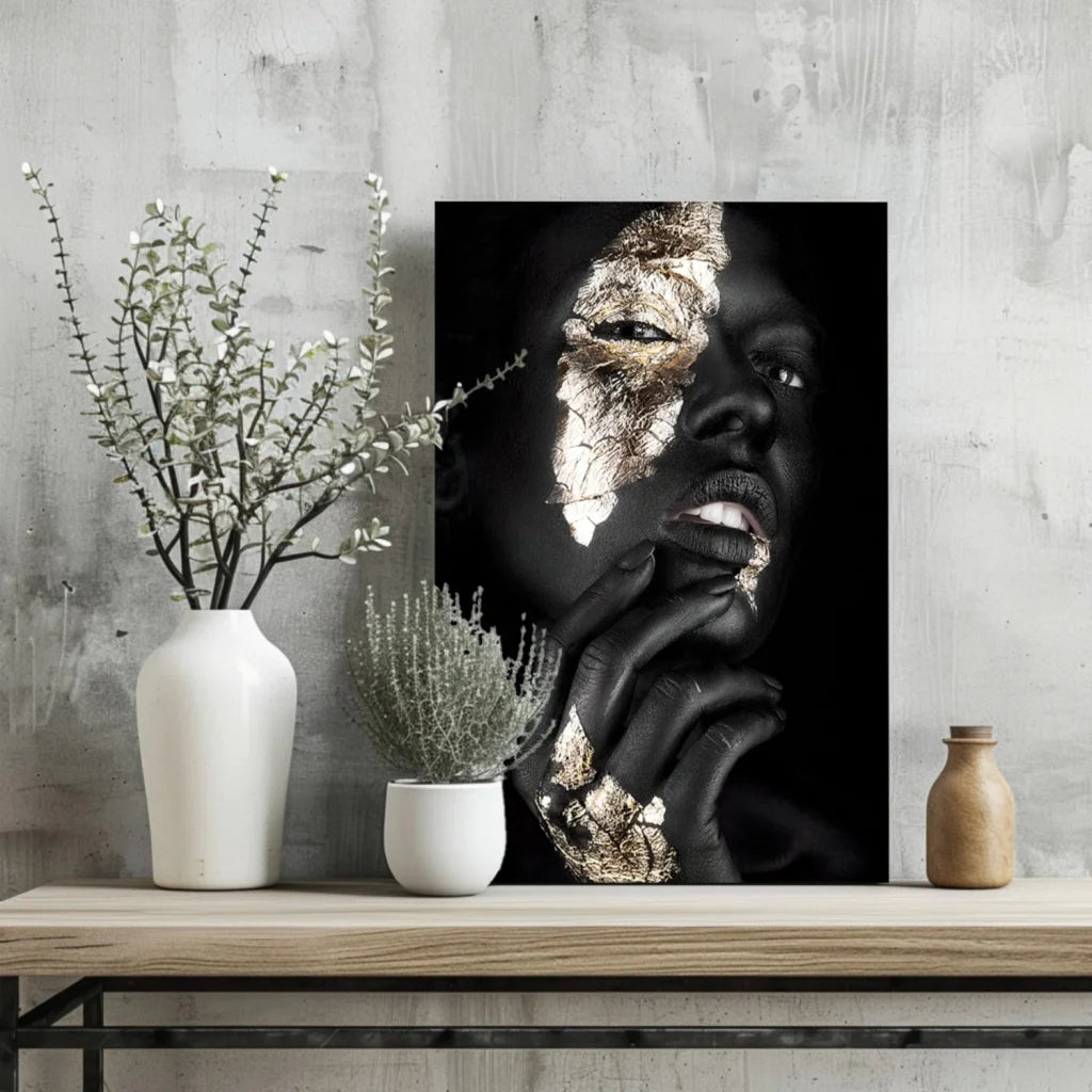 Stunning Black Gold Face Portrait Insigne Aluminum Prints | Glass Wall Art Print | vintageantiquesgifts.com