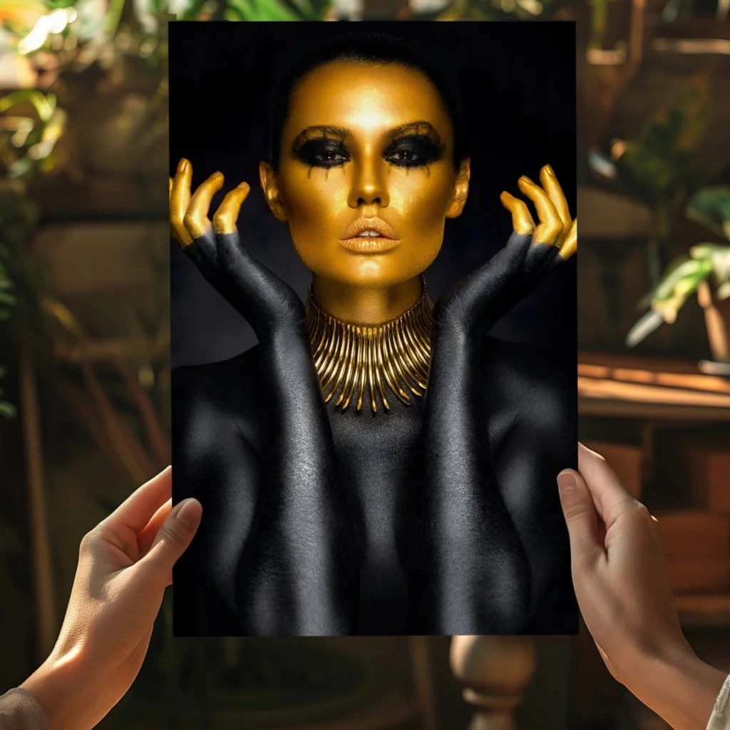 Golden Goddess insigne aluminum print with black accents and dramatic pose
