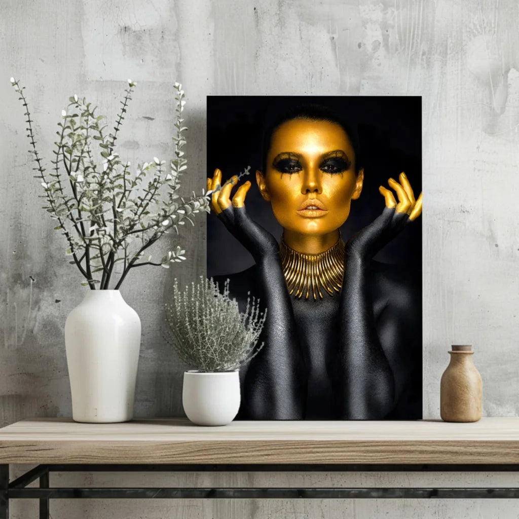 Golden Goddess Insigne Aluminum Print with Dramatic Black Accents | Glass Wall Art Print | vintageantiquesgifts.com