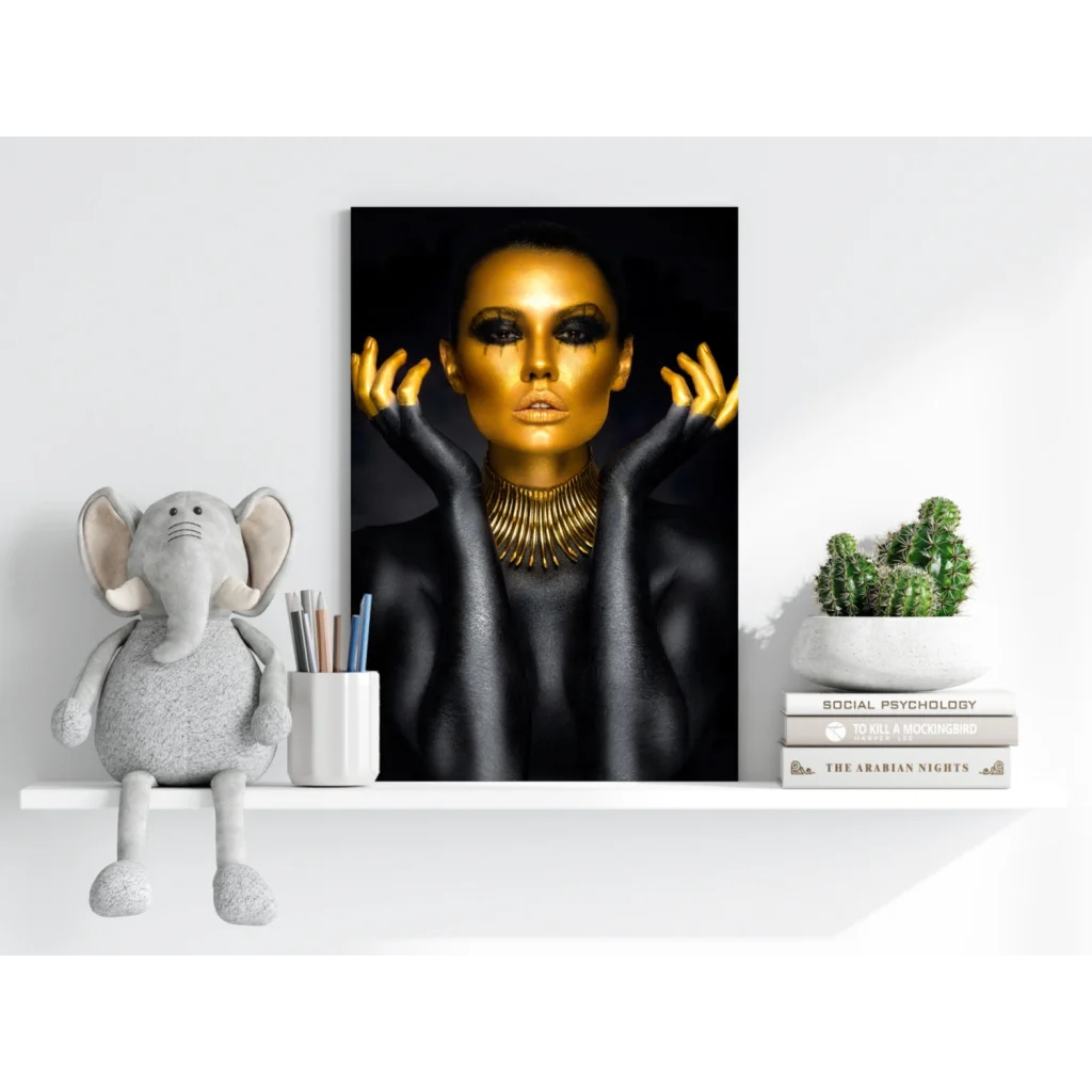 Golden goddess insigne aluminum print of woman in black with gold makeup