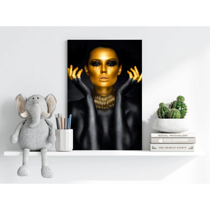 Golden goddess insigne aluminum print of woman in black with gold makeup
