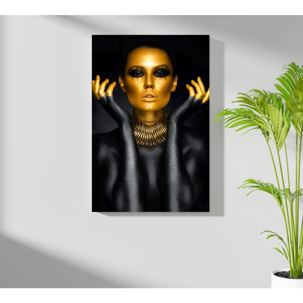 Golden goddess insigne aluminum print of woman with gold skin and black accents
