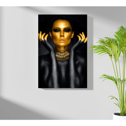 Golden goddess insigne aluminum print of woman with gold skin and black accents