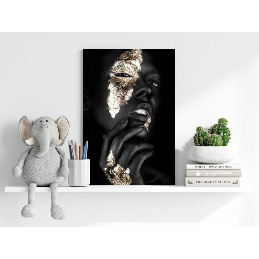 Stunning black gold face portrait on Insigne aluminum print