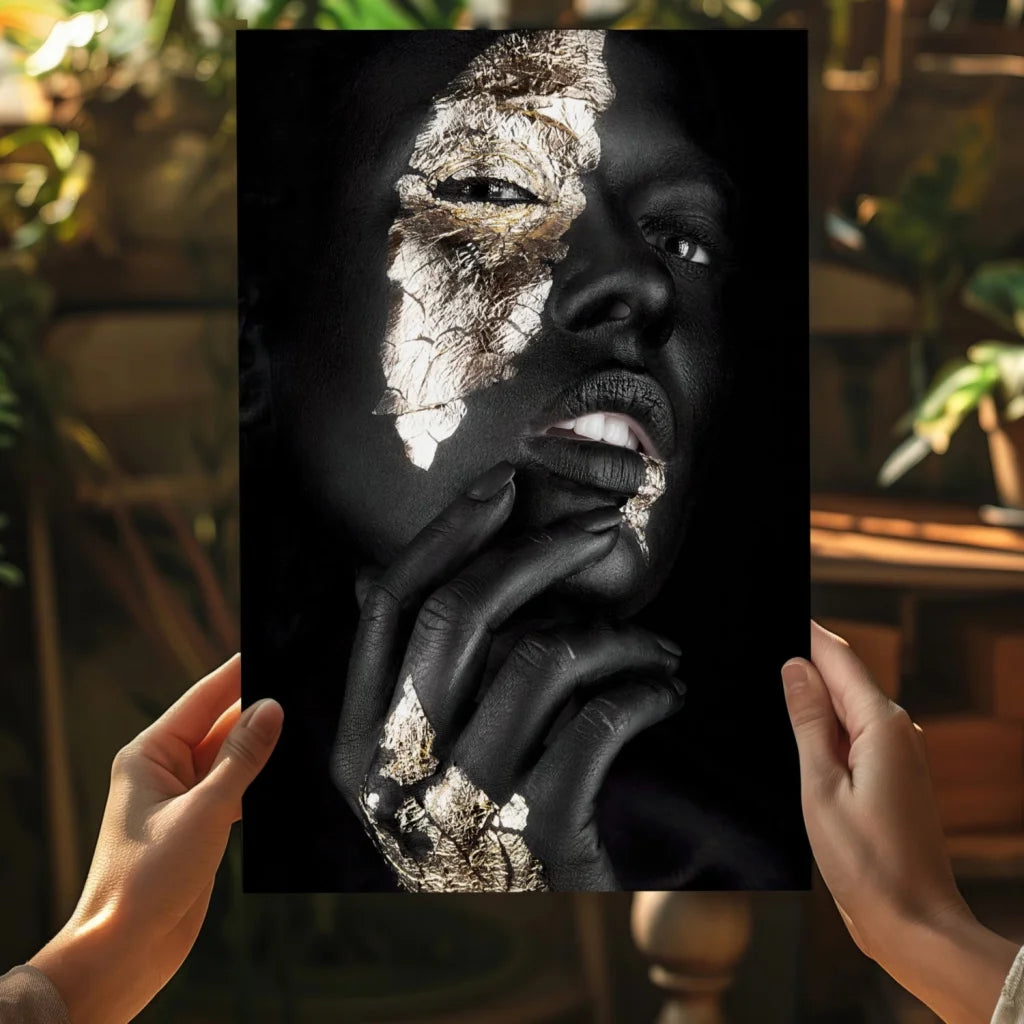 Stunning black gold face portrait on Insigne aluminum print