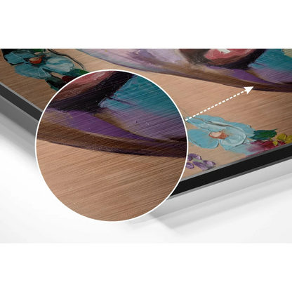 Vibrant teal purple floral art on brushed aluminium dibond print