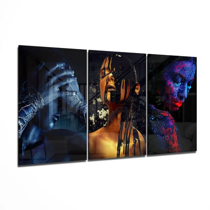 Neon Glow Triptych wall art set with vibrant blue, black, red-purple dripping portrait faces