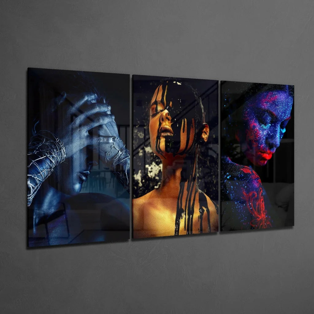 Neon Glow Triptych Glass Wall Art Set with Vibrant Portrait Faces