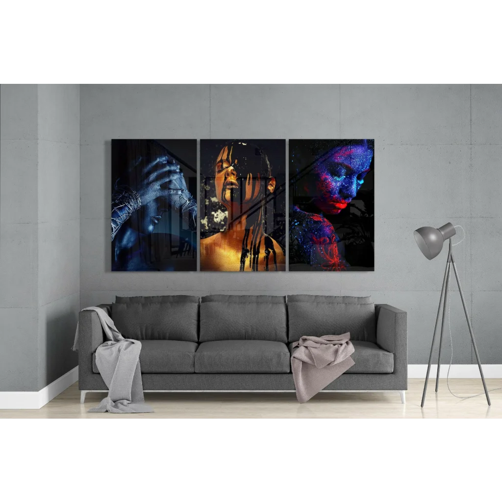 Neon glow triptych glass wall art with vibrant portrait faces