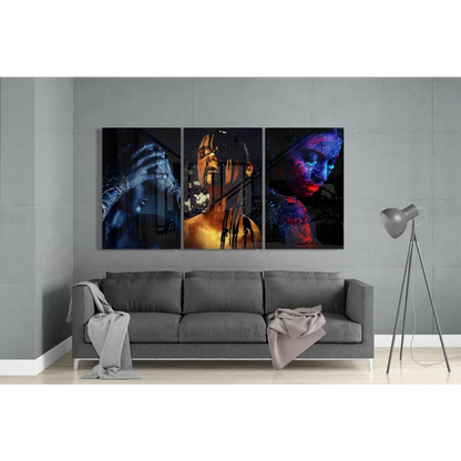 Neon glow triptych glass wall art with vibrant portrait faces