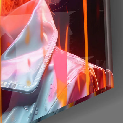 Fiery abstract tempered glass art in bold orange silver tones