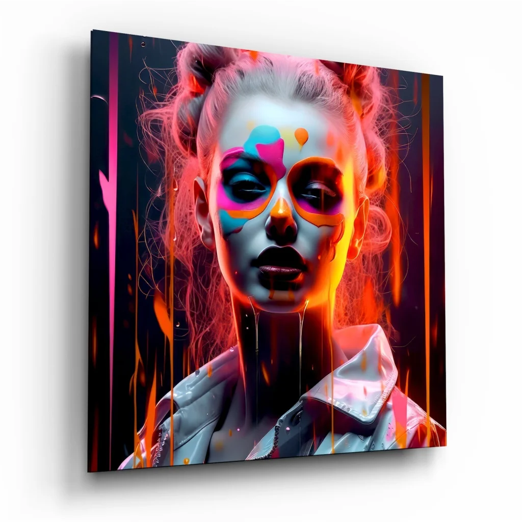 Fiery abstract tempered glass art with bold orange woman portrait