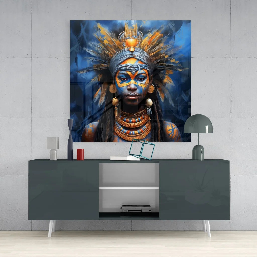 Mystical warrior tempered glass art with vibrant blue gold tribal portrait
