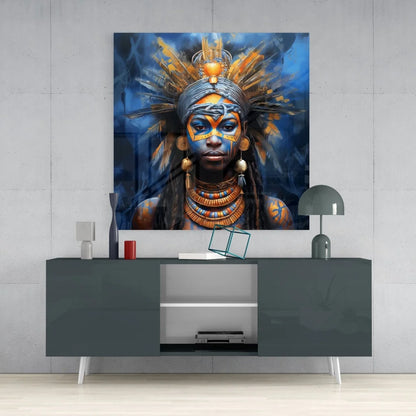 Mystical warrior tempered glass art with vibrant blue gold tribal portrait