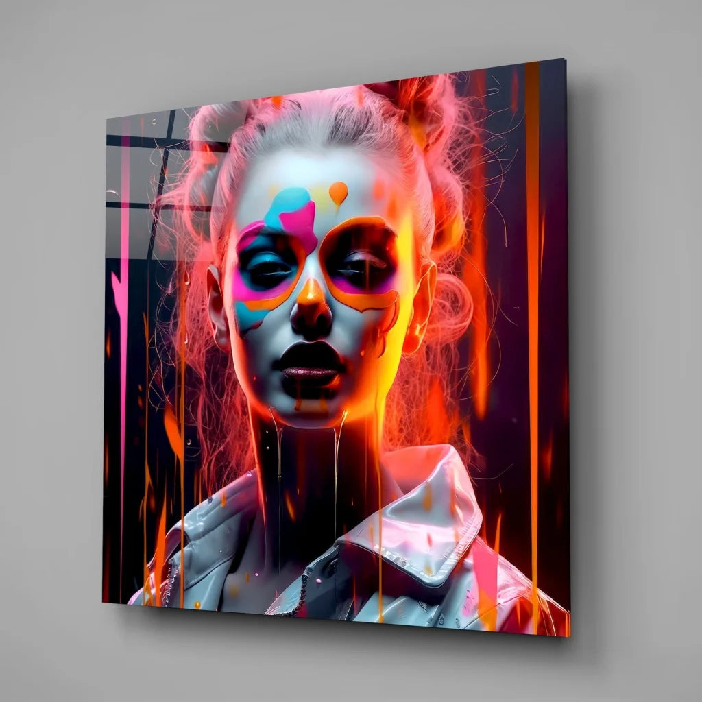 Fiery tempered glass art of woman with bold colorful face paint