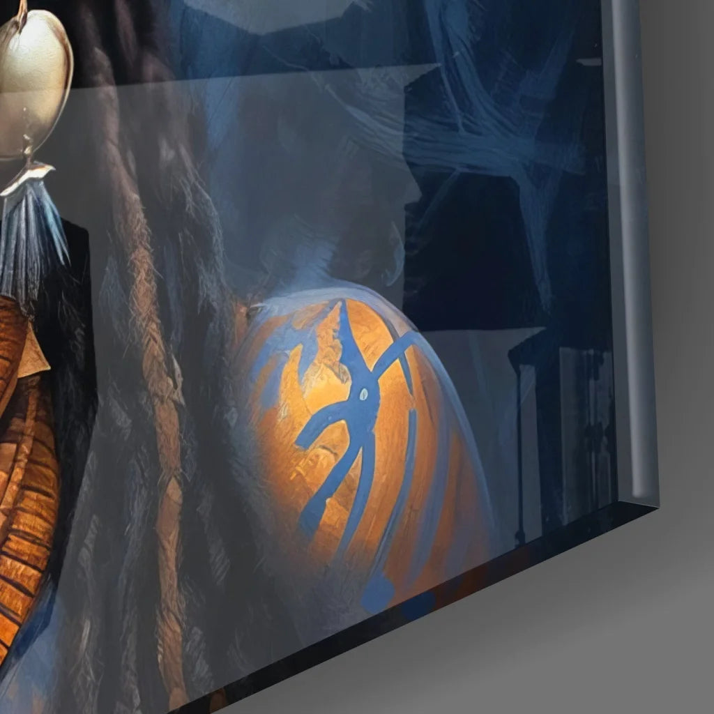 Mystical warrior tempered glass art with glowing orange orb