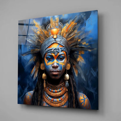 Mystical warrior tempered glass art with vibrant tribal woman design
