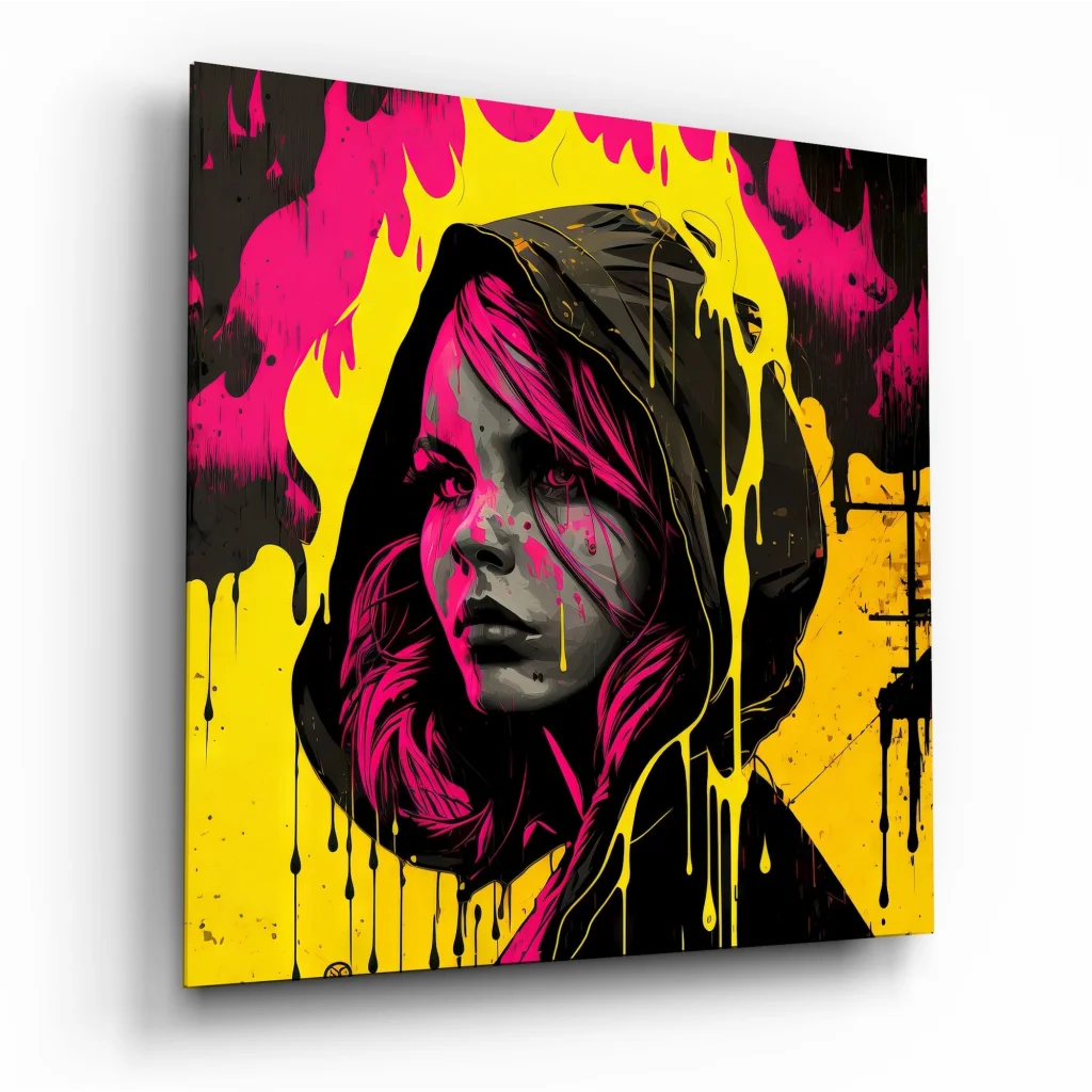 Vibrant Graffiti Woman Tempered Glass Art with Bold Drips | Insigneart USA | vintageantiquesgifts.com