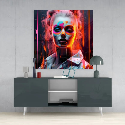 Fiery abstract tempered glass art with neon pink portrait