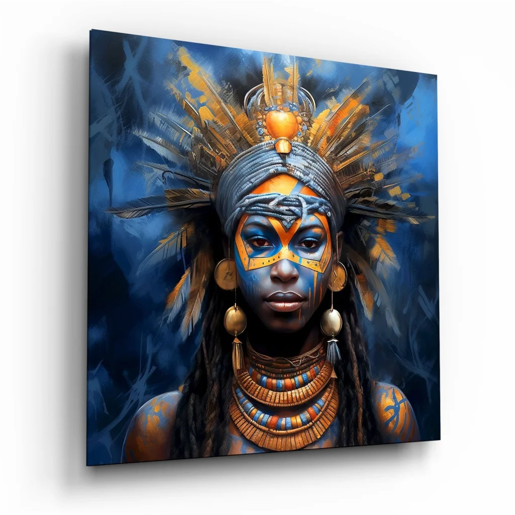 Mystical warrior in tempered glass art with vibrant tribal face paint