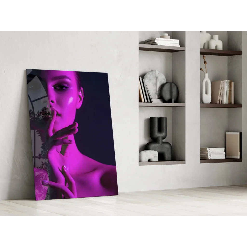 Vibrant neon purple portrait glass wall art canvas print of stylized woman