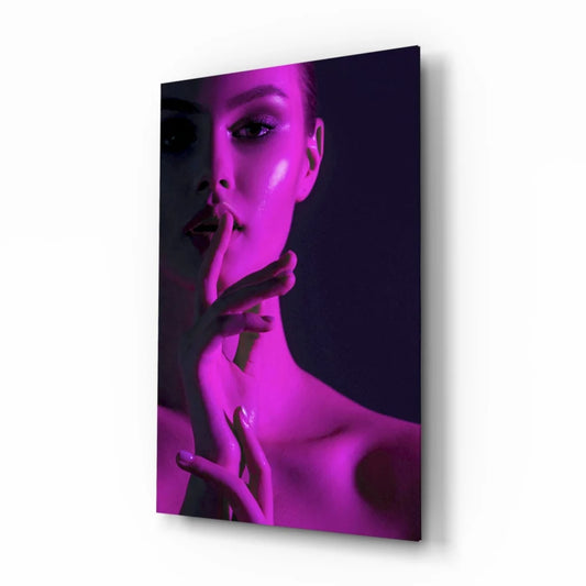 Purple neon-lit woman portrait on glass wall art canvas print