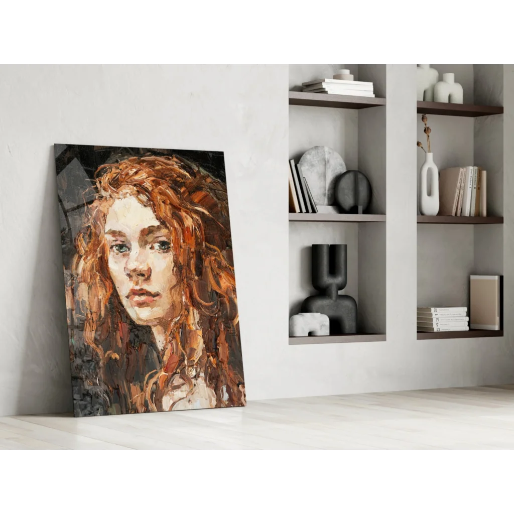 Fiery redhead portrait glass wall art with emerald eyes and textured brushstrokes