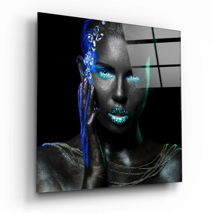 Futuristic Silver Woman Tempered Glass Art with Glowing Blue Eyes | Insigneart USA | vintageantiquesgifts.com