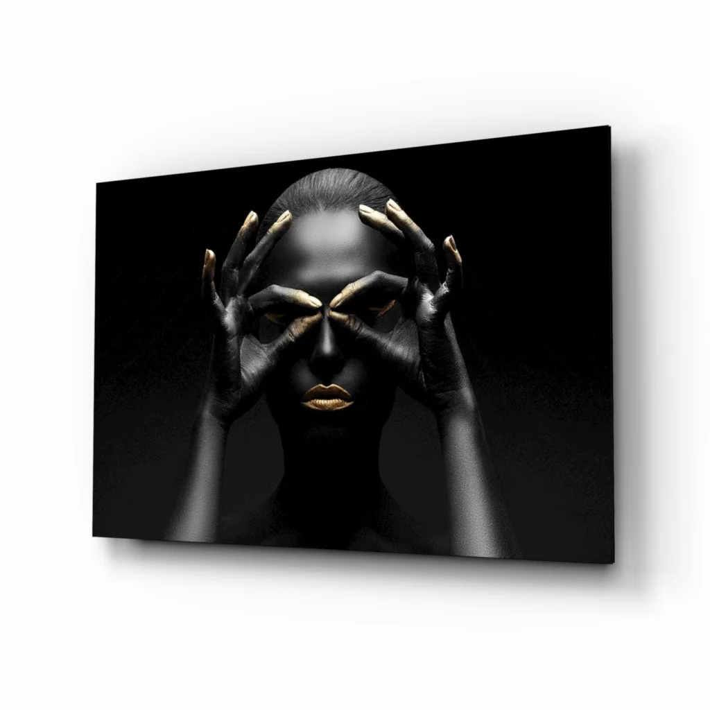Black-skinned woman with gold lips in Golden Mystique Tempered Glass Art