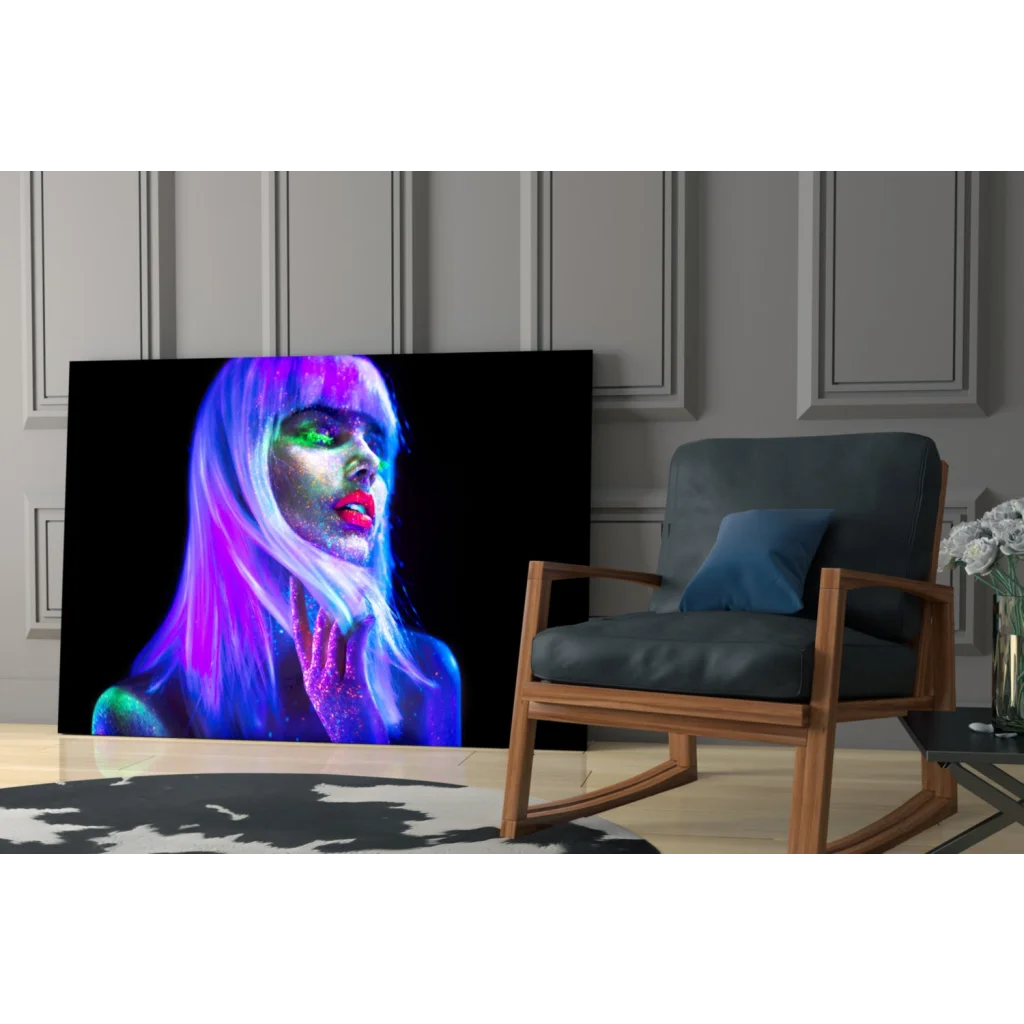 Vibrant neon glass wall art portrait of woman with purple glowing hair