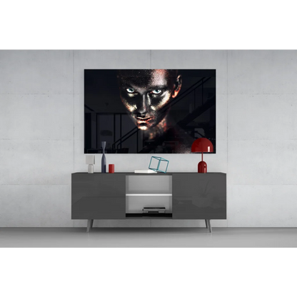 Striking black-and-white portrait on tempered glass art with glowing blue eyes