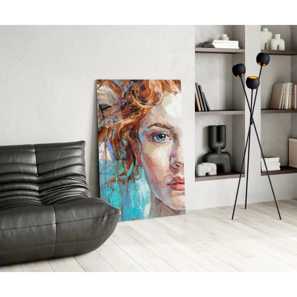 Vibrant fiery redhead glass wall art with mesmerizing blue eyes