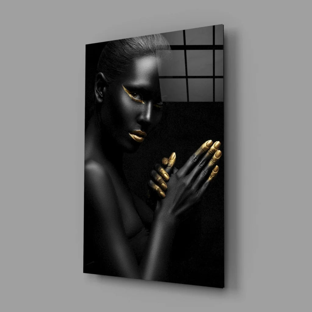 Stunning black gold woman tempered glass art portrait with glossy skin
