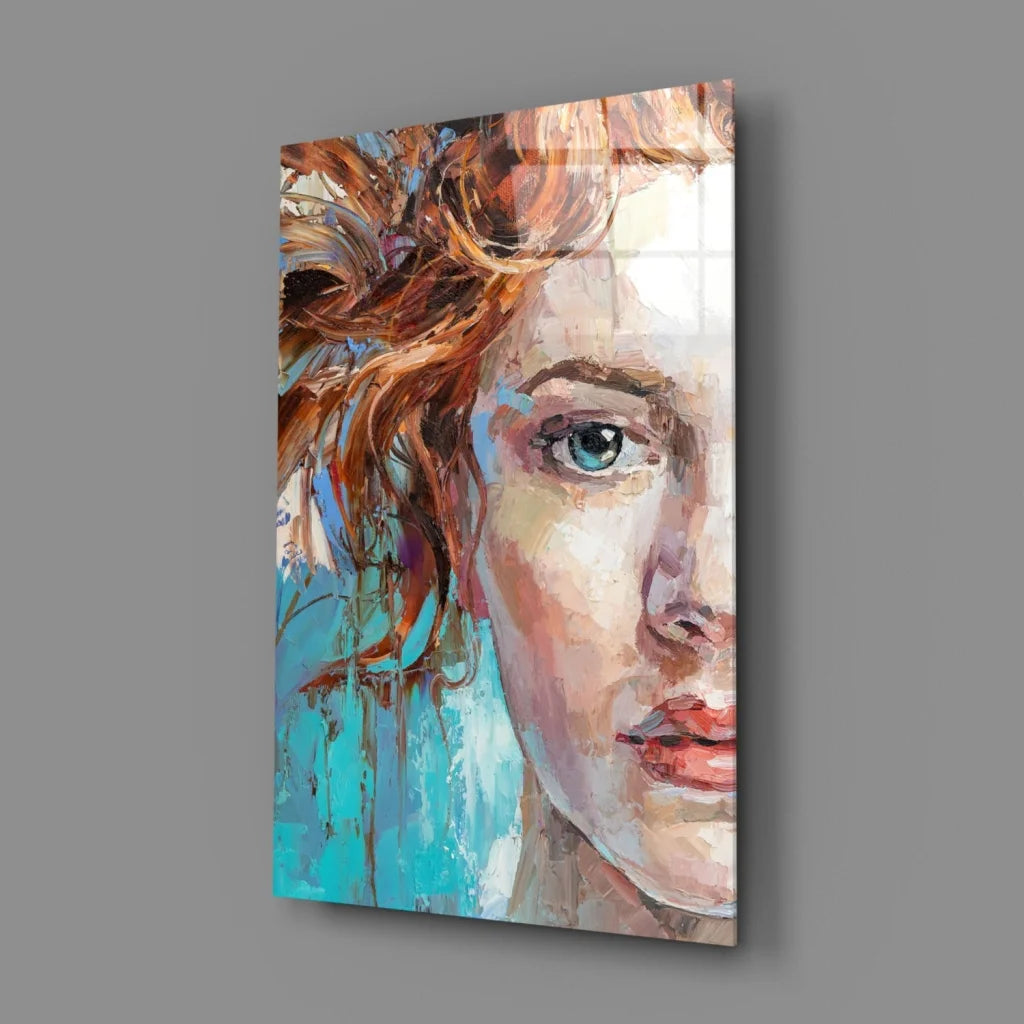 Vibrant fiery redhead glass wall art with mesmerizing blue eyes