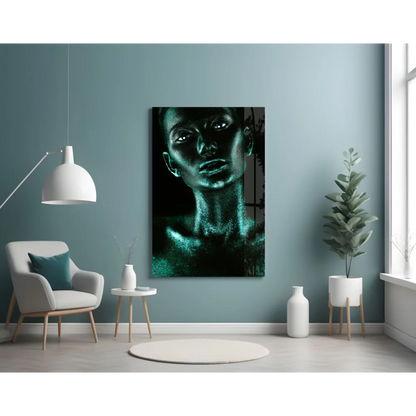 Stunning Teal Glitter Portrait Tempered Glass Art | Contemporary Home Wall Art | vintageantiquesgifts.com