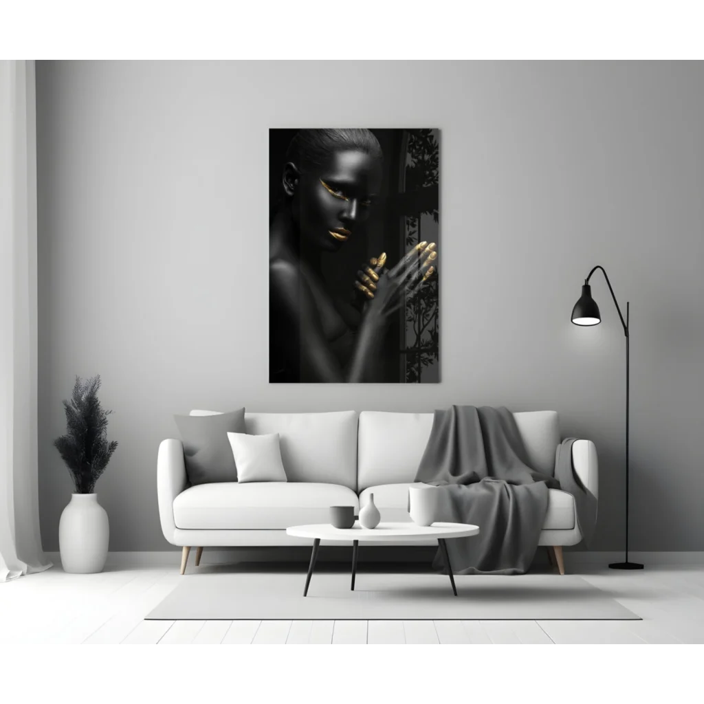 Stunning black gold woman tempered glass art portrait with metallic accents