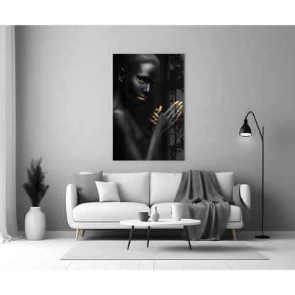 Stunning black gold woman tempered glass art portrait with metallic accents