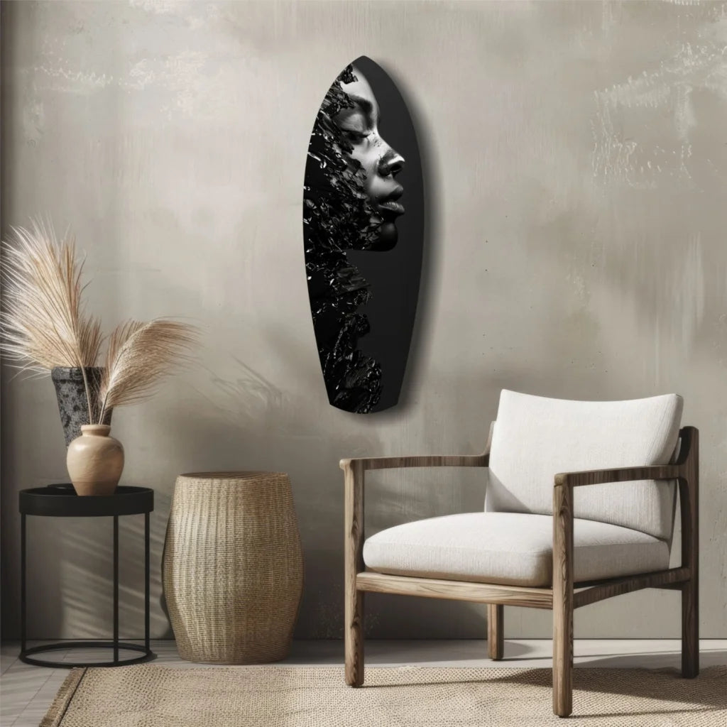 Stylized black oval tempered glass art portrait for modern homes