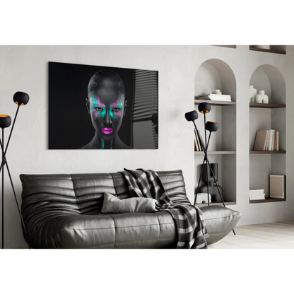 Glowing neon beauty woman on black canvas tempered glass art print