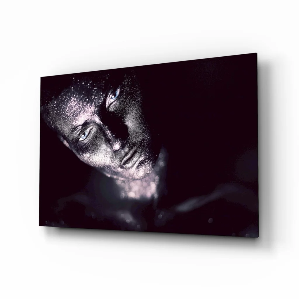 Stunning silver glitter portrait on tempered glass art with vibrant colors