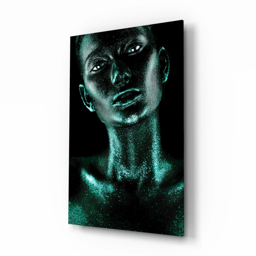 Stunning Teal Glitter Portrait Tempered Glass Art | Insigneart USA | vintageantiquesgifts.com