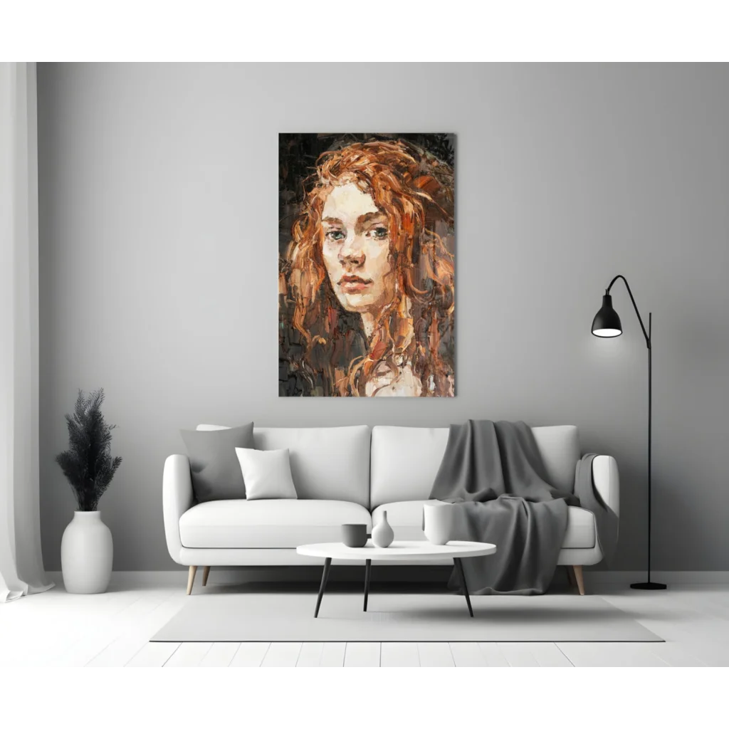 Vibrant fiery redhead portrait glass wall art with emerald eyes