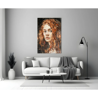 Vibrant fiery redhead portrait glass wall art with emerald eyes