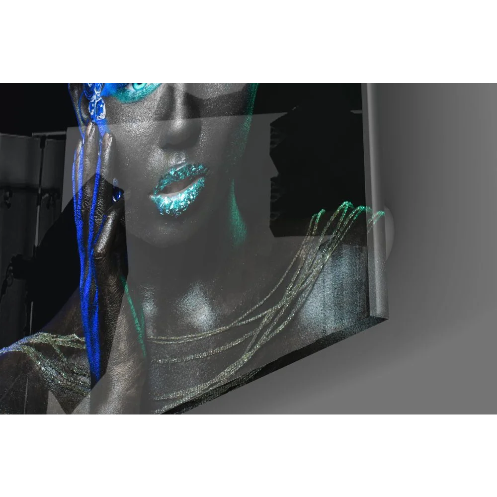 Futuristic Silver Woman Tempered Glass Art with Glowing Blue Eyes | Glass Wall Art Print | vintageantiquesgifts.com
