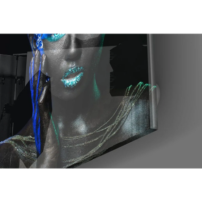 Futuristic Silver Woman Tempered Glass Art with Glowing Blue Eyes | Glass Wall Art Print | vintageantiquesgifts.com